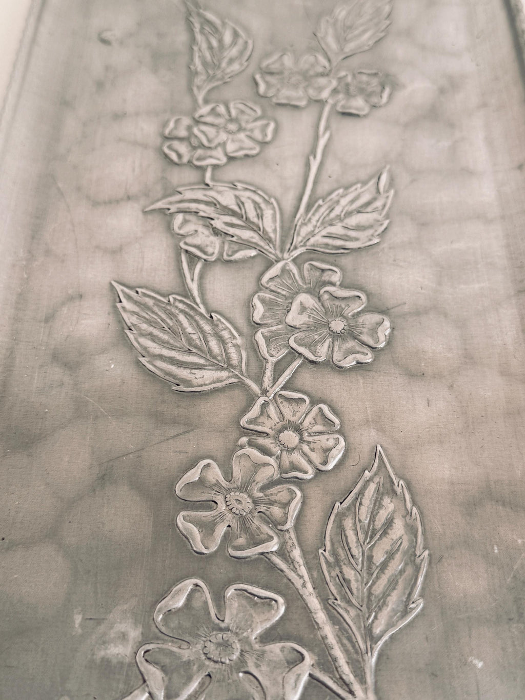 Vintage Embossed Floral Metal Tray, Silver Tone Vanity Catchall Dish