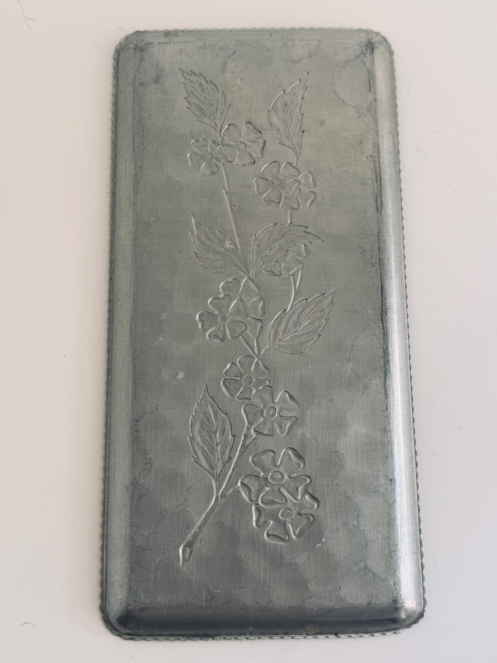 Vintage Embossed Floral Metal Tray, Silver Tone Vanity Catchall Dish