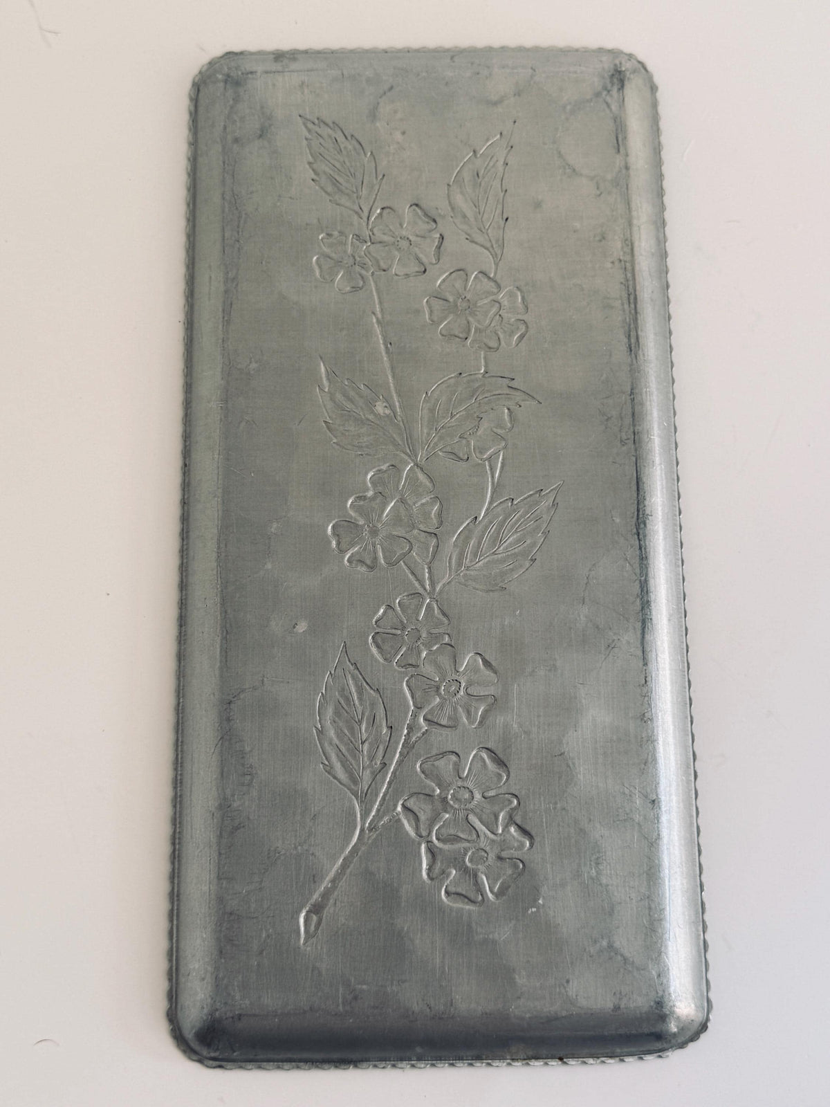 Vintage Embossed Floral Metal Tray, Silver Tone Vanity Catchall Dish