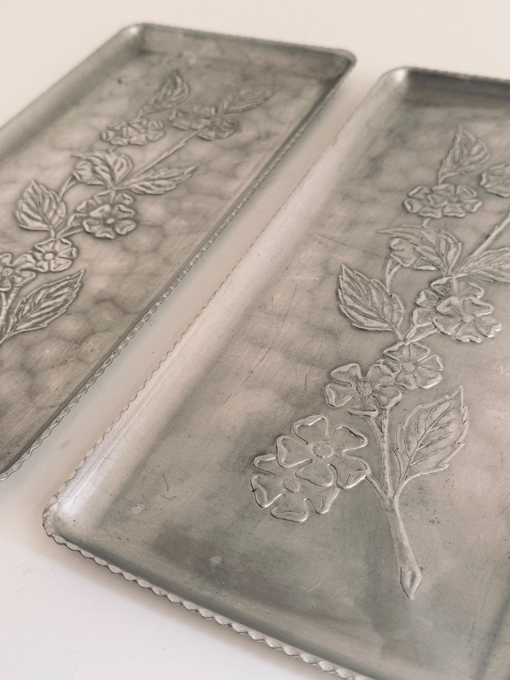 Vintage Embossed Floral Metal Tray, Silver Tone Vanity Catchall Dish