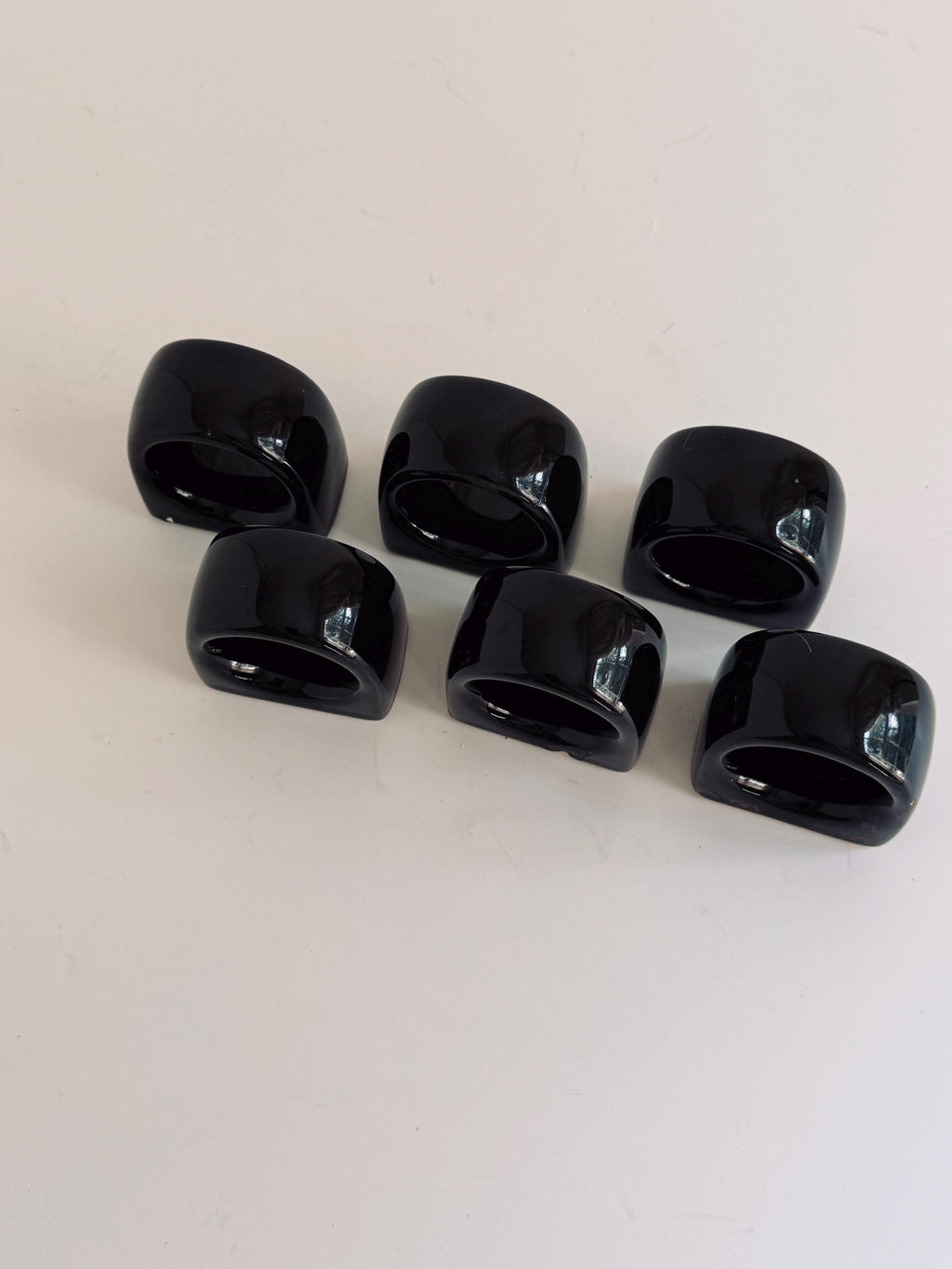 Vintage Black Ceramic Napkin Rings, Set of 6, Glossy Modernist Pottery Table Decor