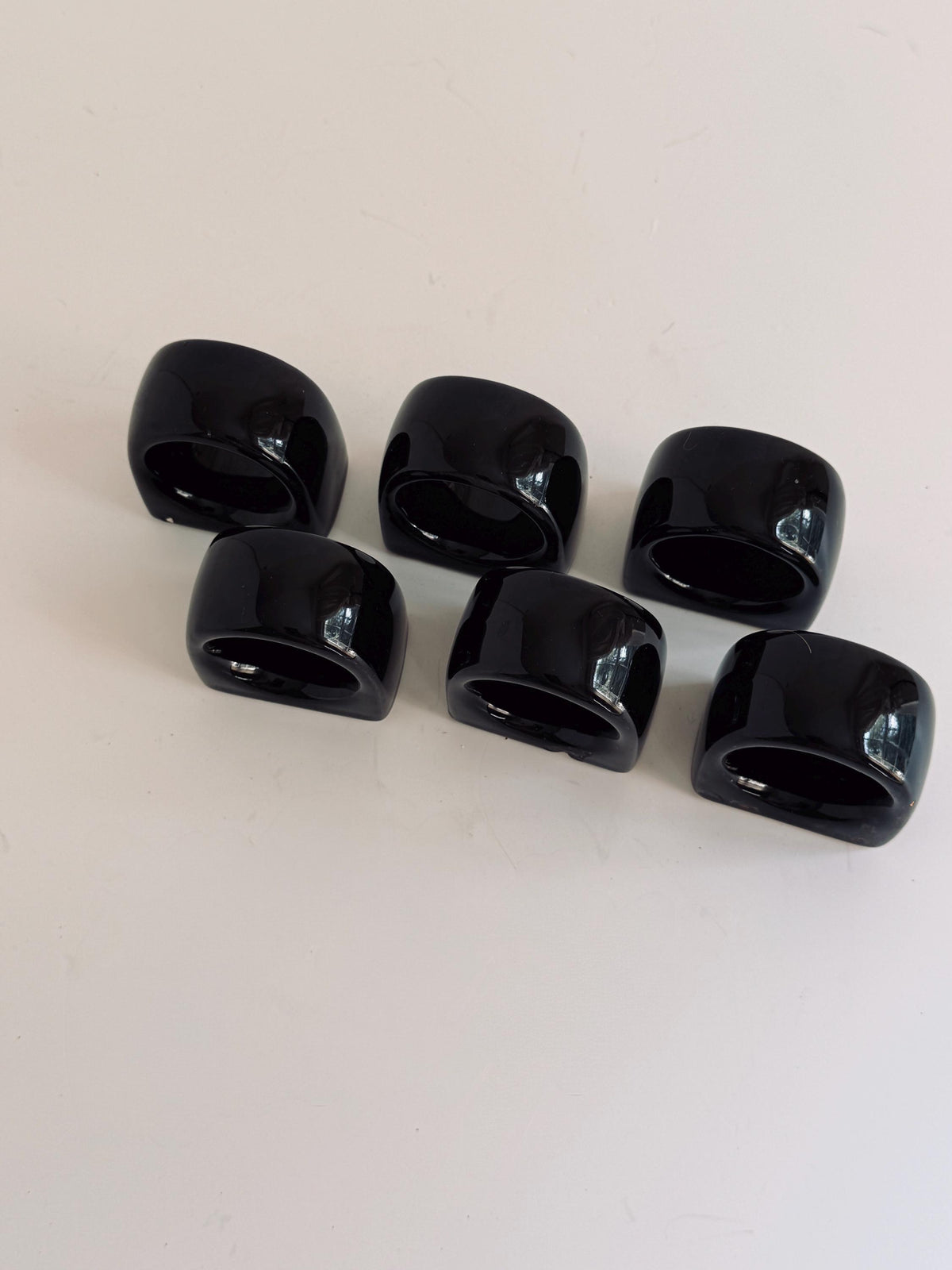 Vintage Black Ceramic Napkin Rings, Set of 6, Glossy Modernist Pottery Table Decor