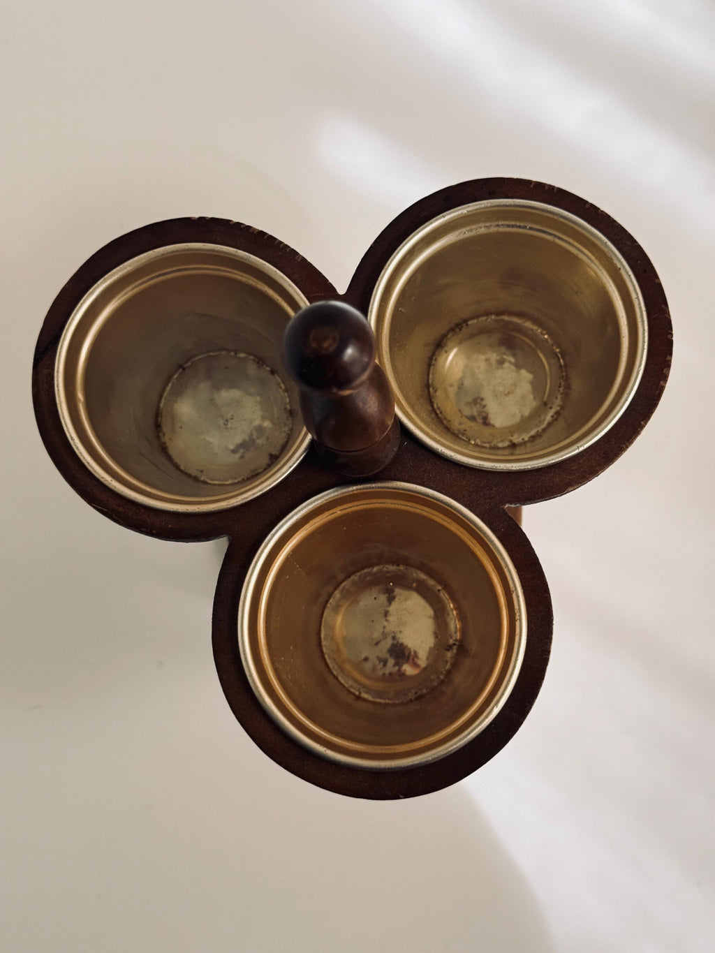 Vintage Japanese Wood and Metal Condiment Caddy, 3 Cup Serving Stand, Mid Century Barware