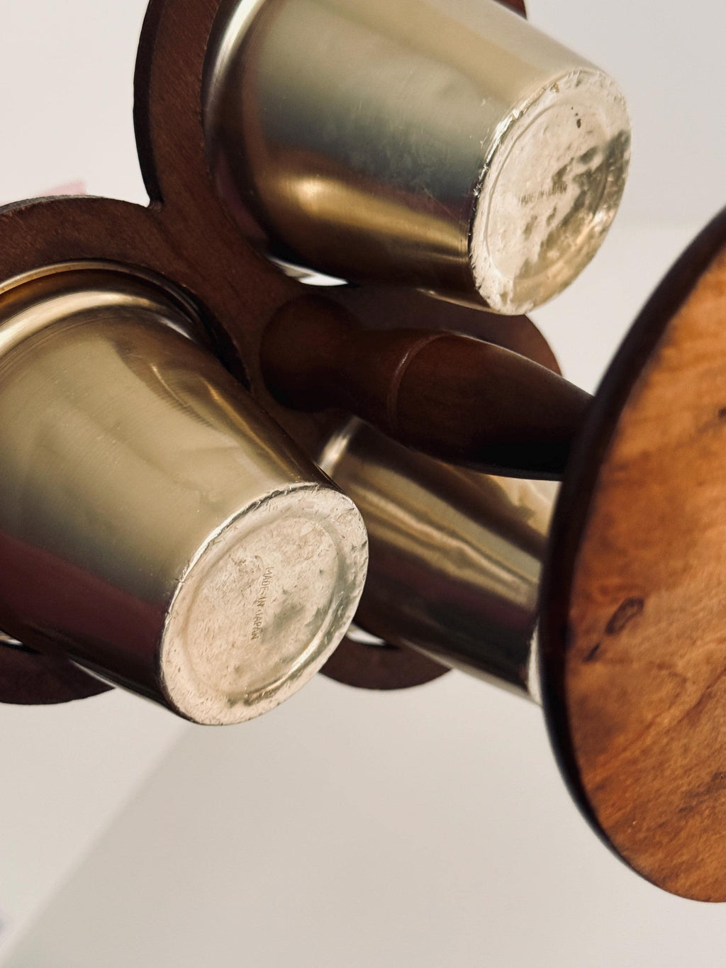 Vintage Japanese Wood and Metal Condiment Caddy, 3 Cup Serving Stand, Mid Century Barware