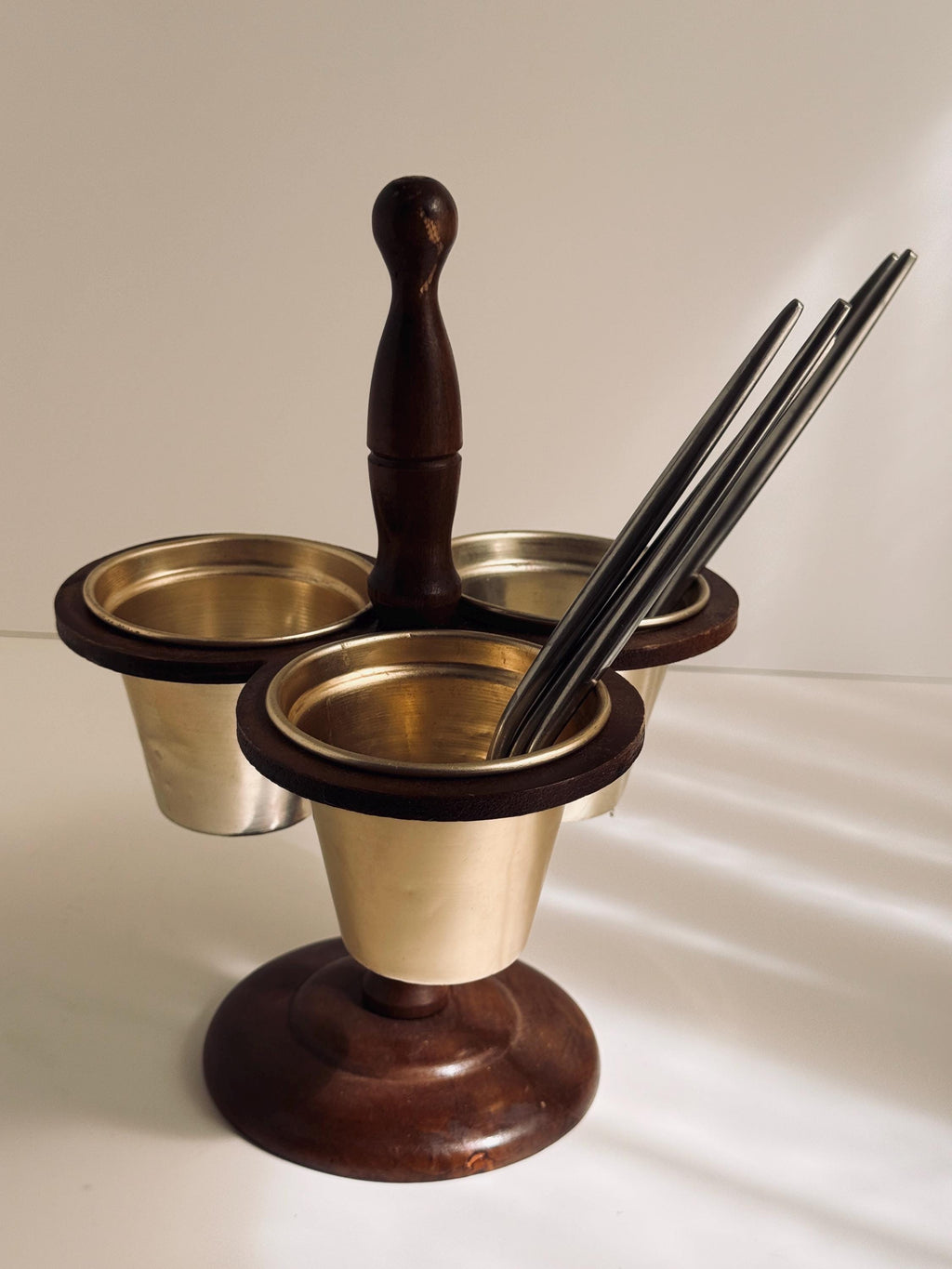 Vintage Japanese Wood and Metal Condiment Caddy, 3 Cup Serving Stand, Mid Century Barware