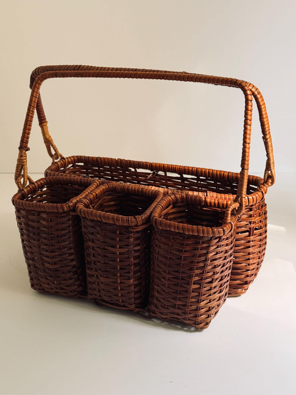 Vintage Rattan Flatware Caddy, Woven Silverware Basket, Utensil Organizer, Entertaining Caddy