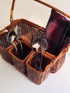 Vintage Rattan Flatware Caddy, Woven Silverware Basket, Utensil Organizer, Entertaining Caddy