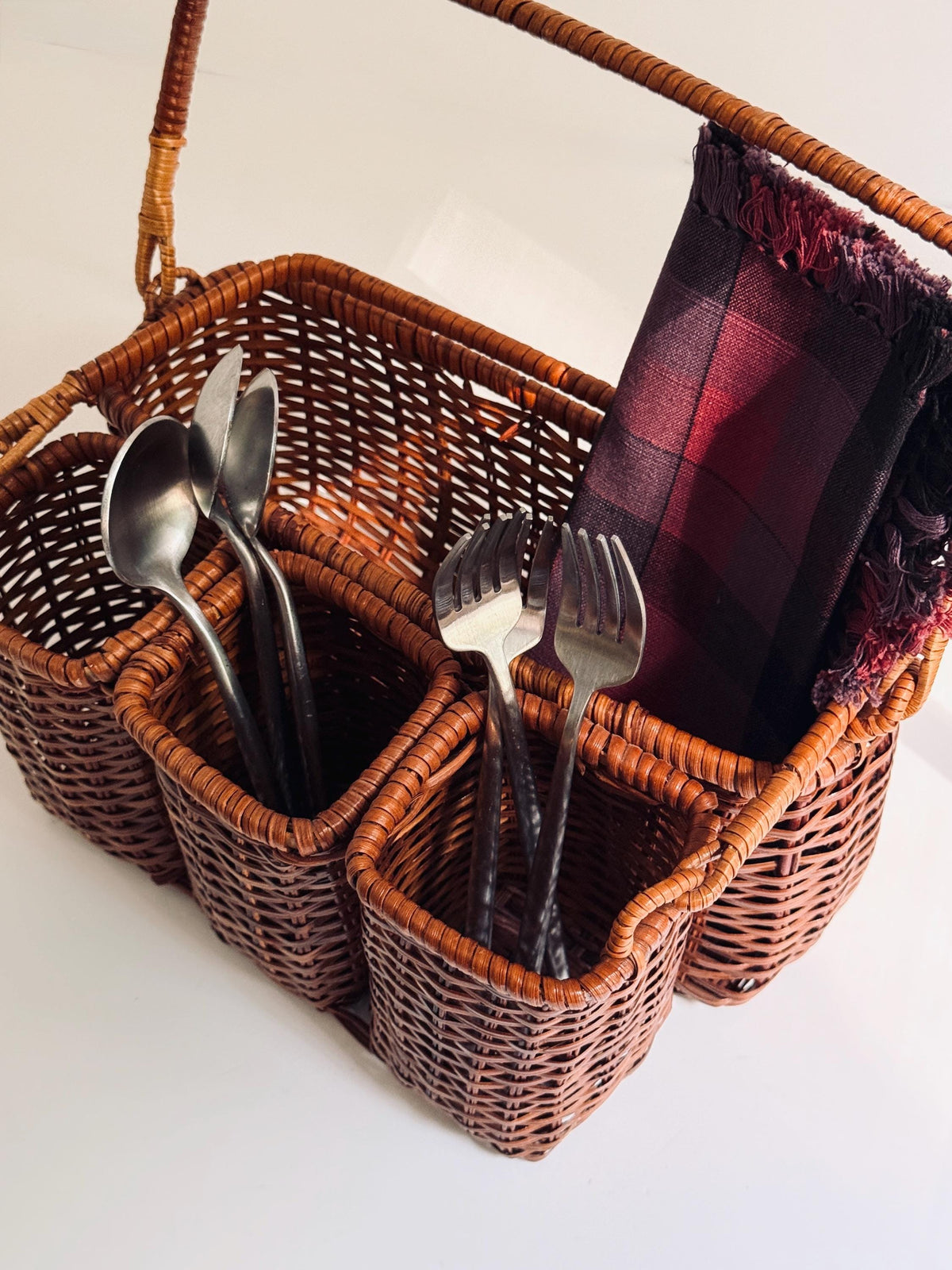 Vintage Rattan Flatware Caddy, Woven Silverware Basket, Utensil Organizer, Entertaining Caddy