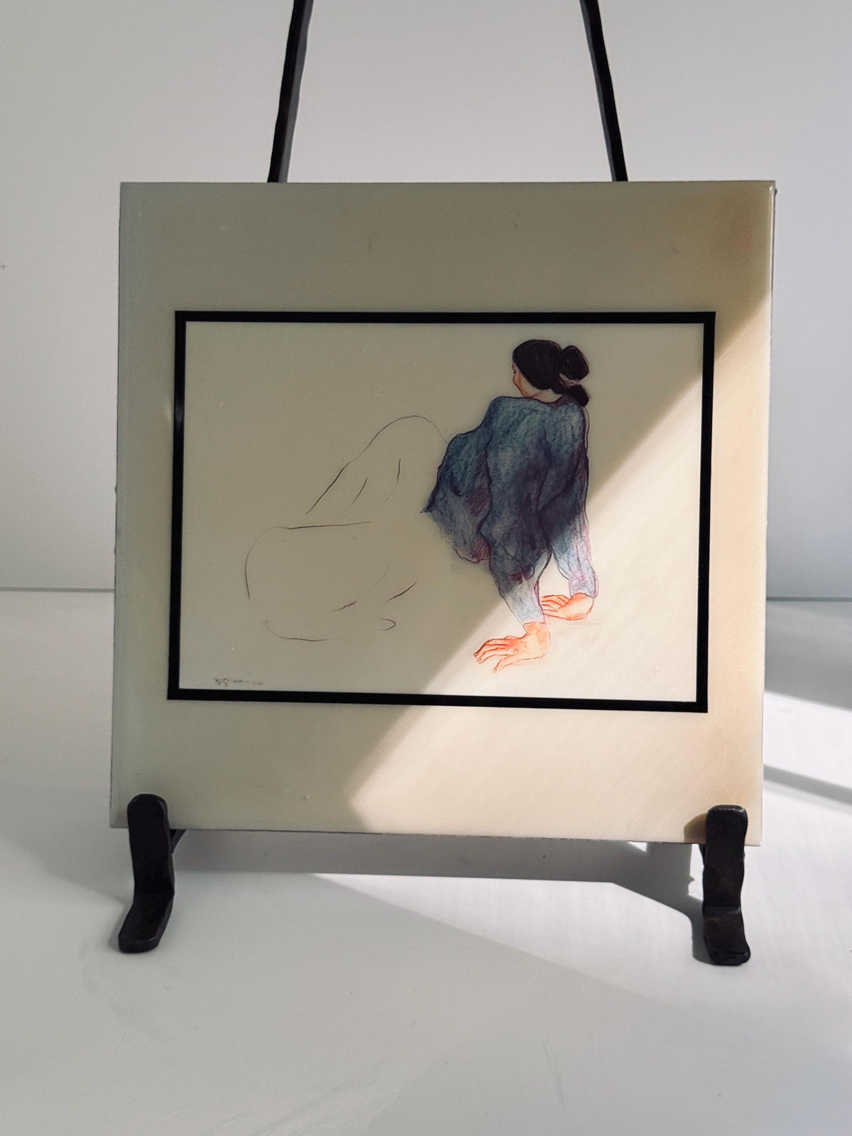 Vintage Monocottura Ceramic Tile Plaque, R.C. Gorman Signed Figurative Art (7-3/4" x 7-3/4")