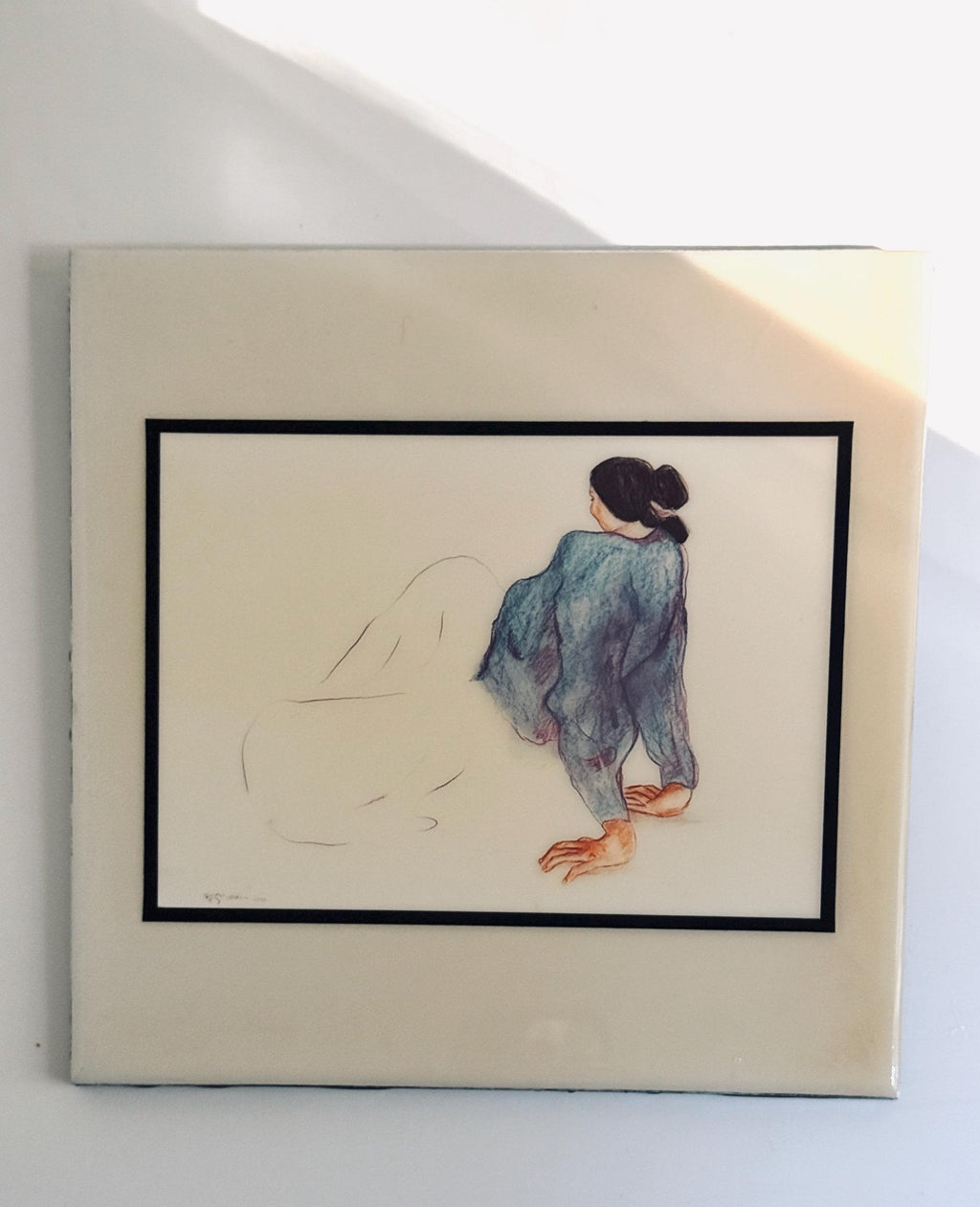 Vintage Monocottura Ceramic Tile Plaque, R.C. Gorman Signed Figurative Art (7-3/4" x 7-3/4")