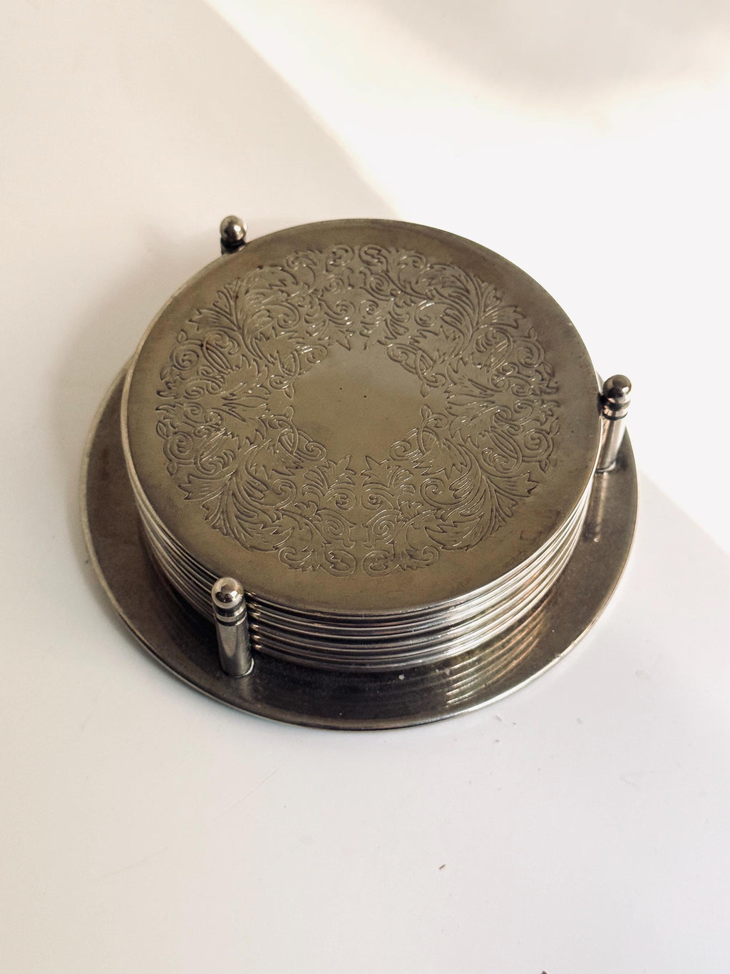 Vintage Silver-Tone Coaster Set with Holder, Engraved Floral Drink Coasters