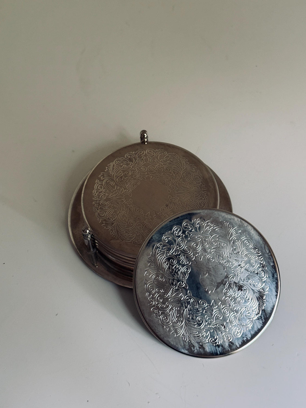 Vintage Silver-Tone Coaster Set with Holder, Engraved Floral Drink Coasters