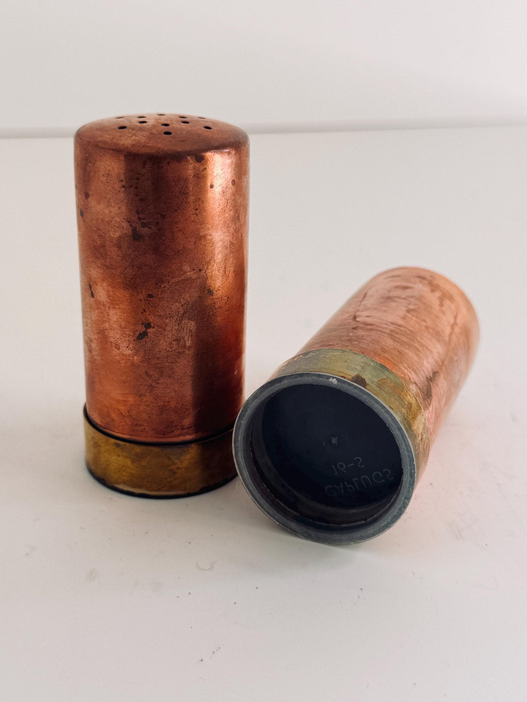 Vintage Copper Salt & Pepper Shakers, Brass Base Tableware