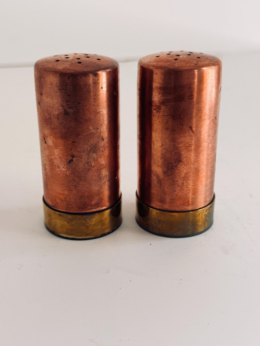Vintage Copper Salt & Pepper Shakers, Brass Base Tableware