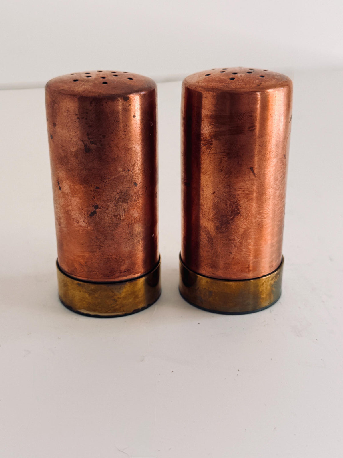 Vintage Copper Salt & Pepper Shakers, Brass Base Tableware