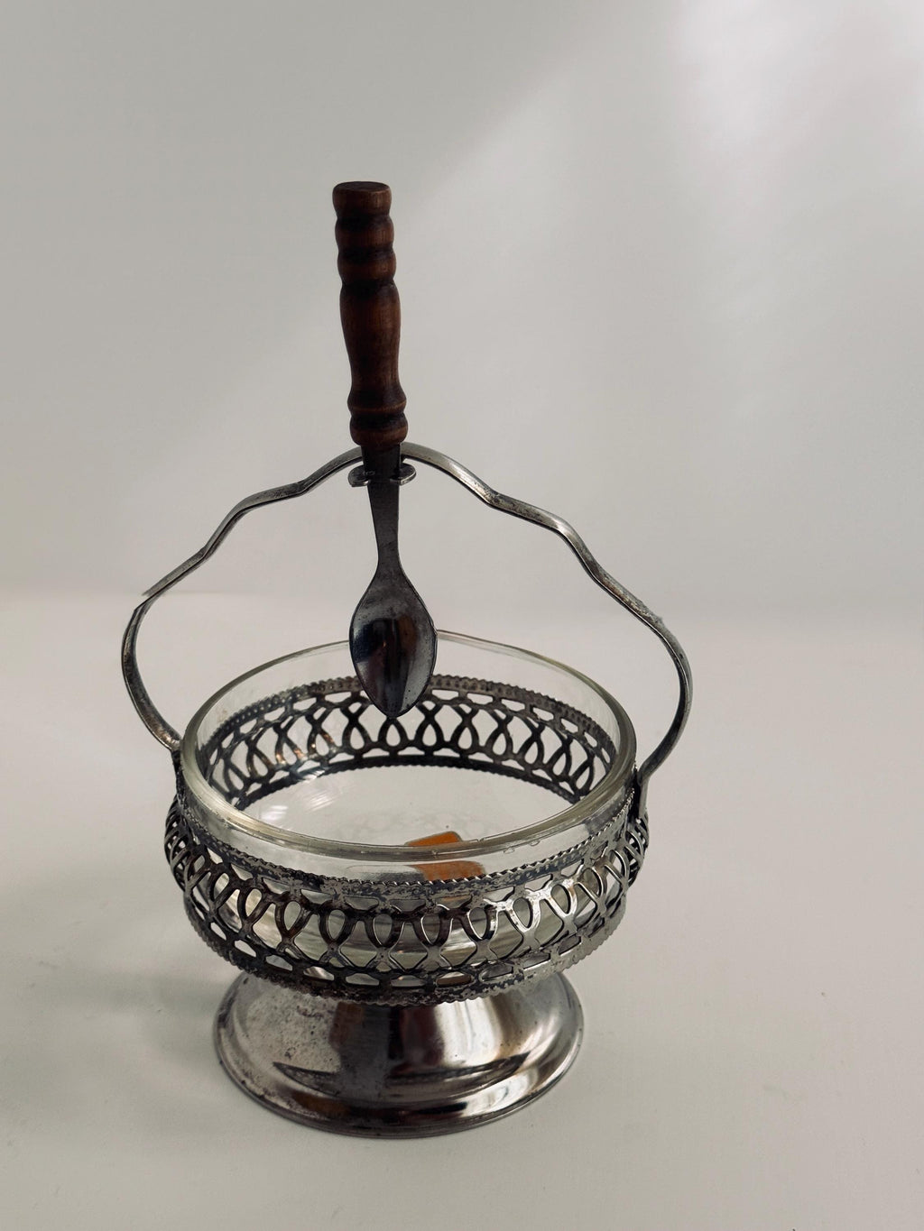 Vintage English Crystal Sauce Caddy with Spoon, Silverplate Condiment Server, Glass Mustard Pot, Made in England