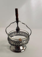 Vintage English Crystal Sauce Caddy with Spoon, Silverplate Condiment Server, Glass Mustard Pot, Made in England