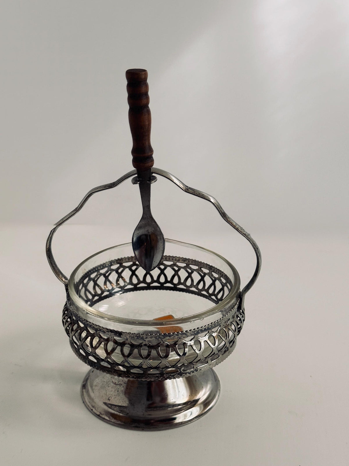 Vintage English Crystal Sauce Caddy with Spoon, Silverplate Condiment Server, Glass Mustard Pot, Made in England