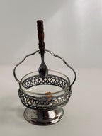 Vintage English Crystal Sauce Caddy, Silverplate Condiment Server with Wooden Spoon