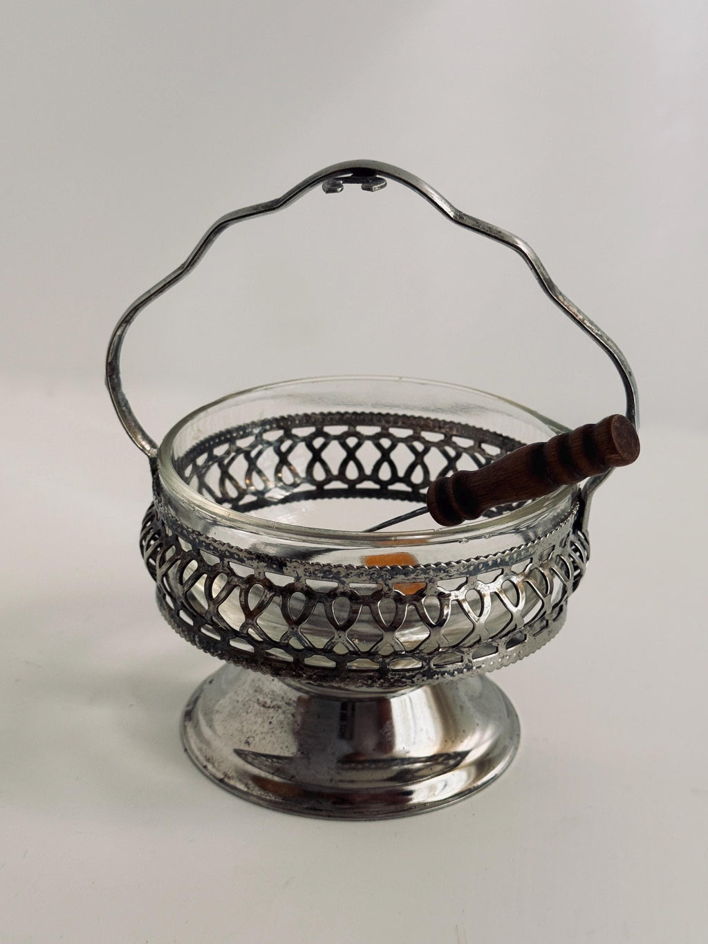 Vintage English Crystal Sauce Caddy with Spoon, Silverplate Condiment Server, Glass Mustard Pot, Made in England