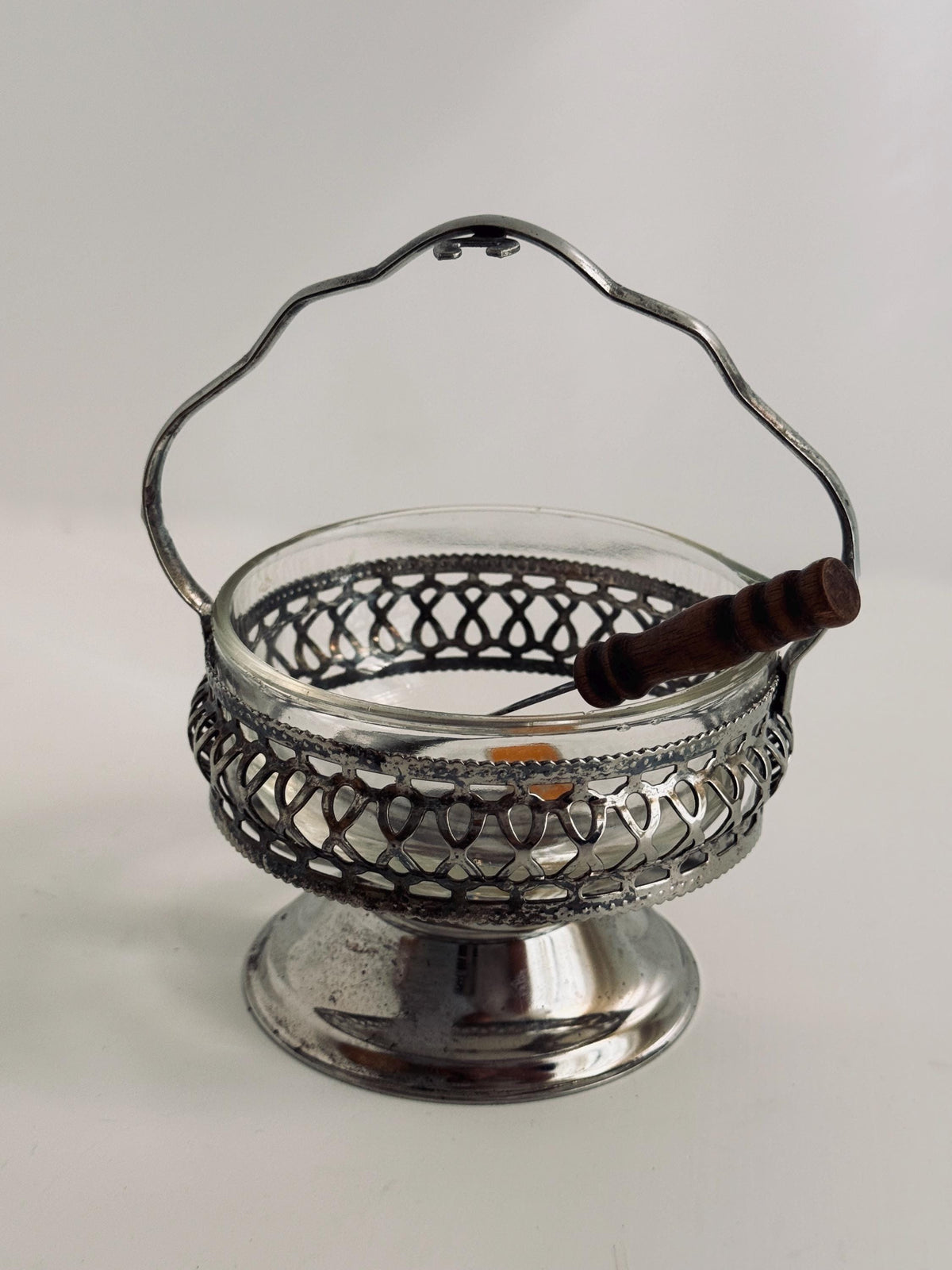 Vintage English Crystal Sauce Caddy with Spoon, Silverplate Condiment Server, Glass Mustard Pot, Made in England