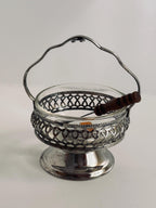 Vintage English Crystal Sauce Caddy, Silverplate Condiment Server with Wooden Spoon