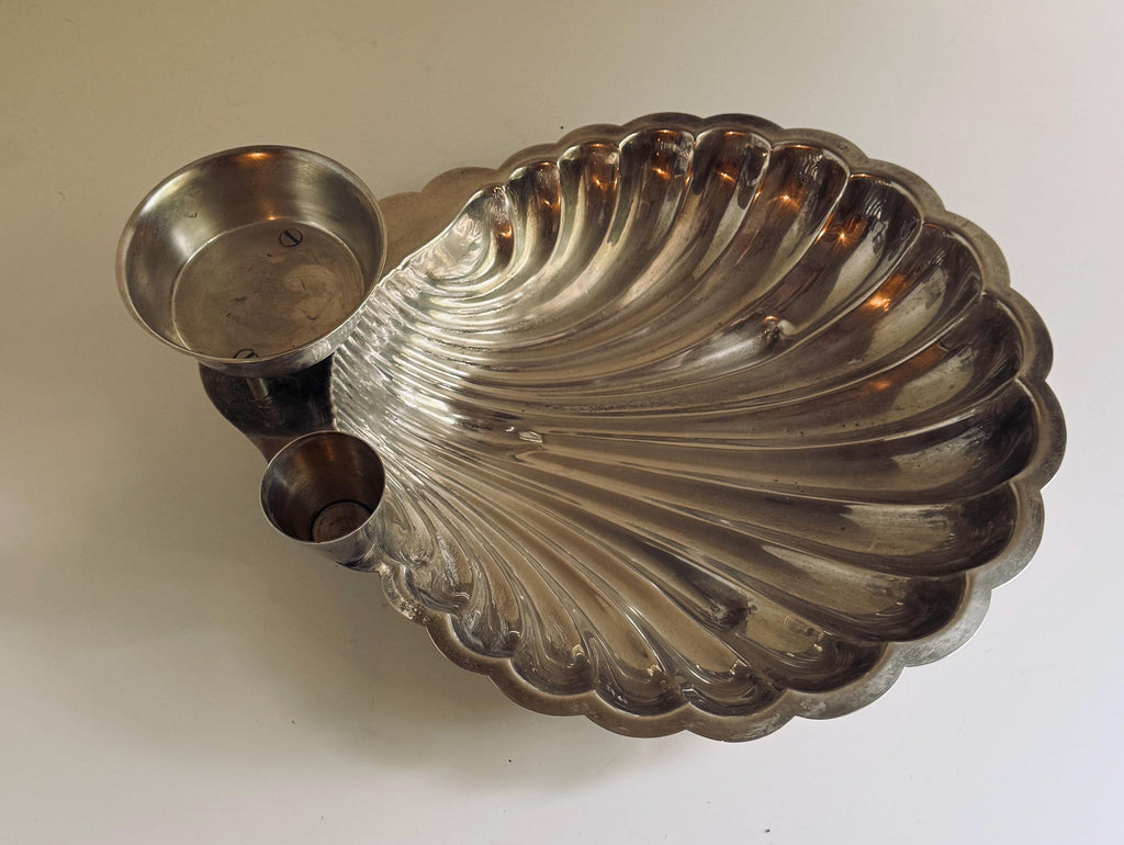 Vintage W&S Blackinton Silverplate Shell Serving Tray, Scallop Shell Hors d’Oeuvres Server, Sauce Bowl and Cocktail Pick Holder