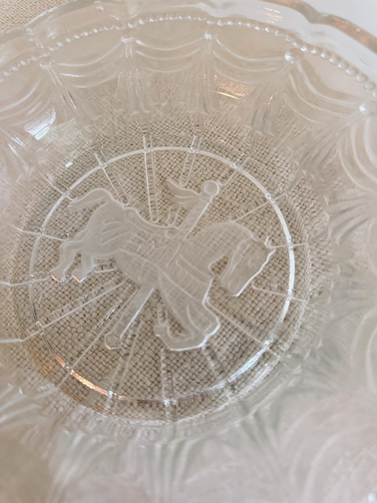 Vintage Pressed Glass Carousel Horse Plate, Scalloped Edge, Equestrian Decor
