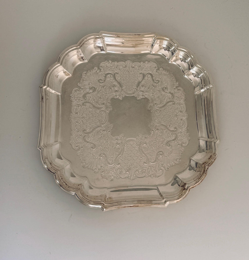 Vintage Silverplate Serving Tray, Square Scalloped Tray, Ornate Floral Silver Serving Platter, 11.5 Inch