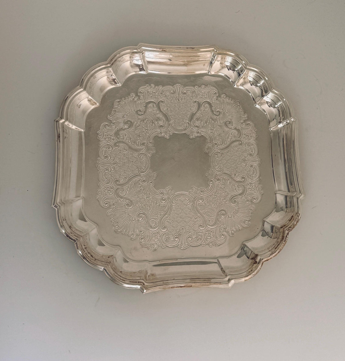 Vintage Silverplate Serving Tray, Square Scalloped Tray, Ornate Floral Silver Serving Platter, 11.5 Inch