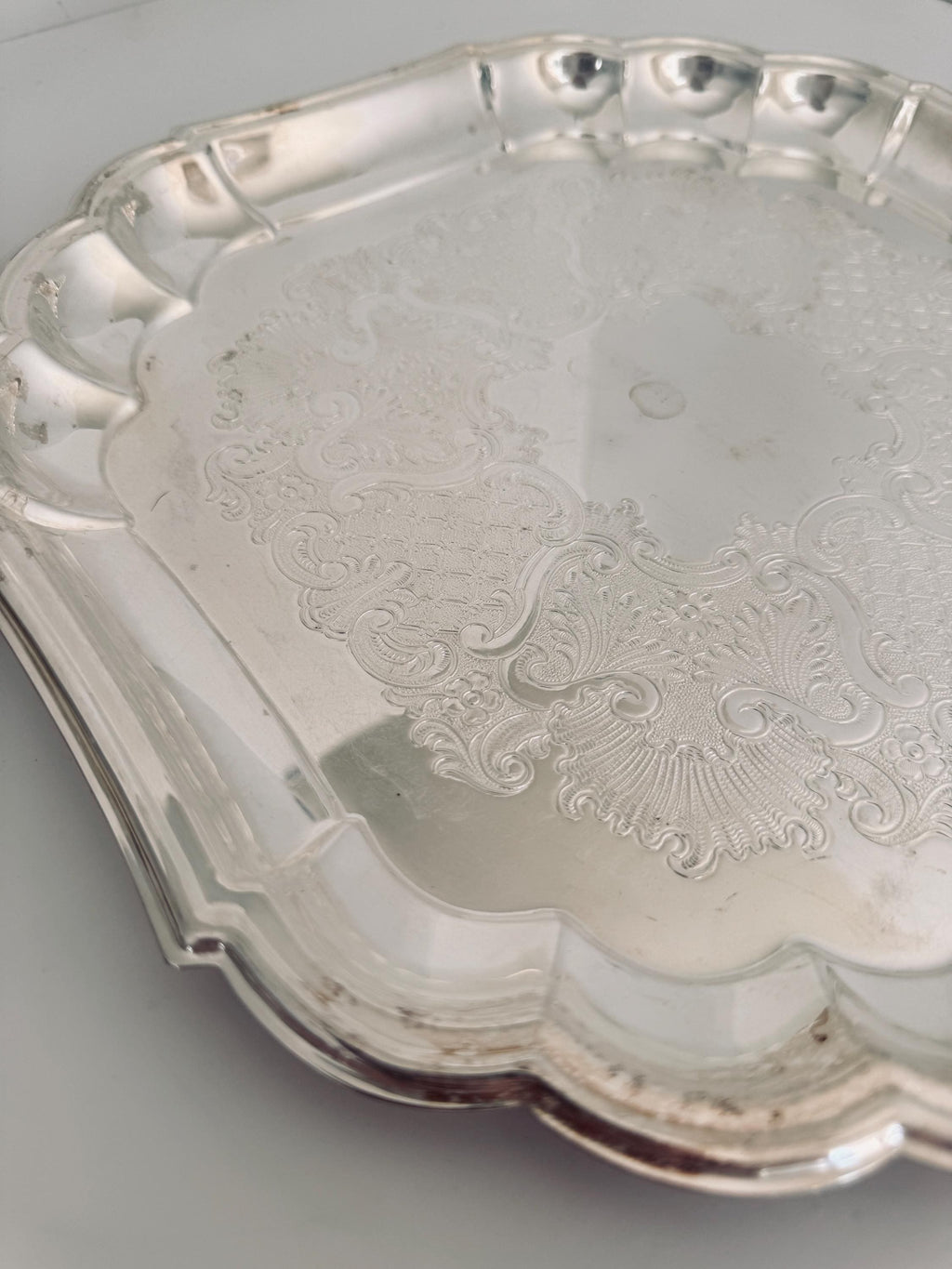 Vintage Silverplate Serving Tray, Square Scalloped Tray, Ornate Floral Silver Serving Platter, 11.5 Inch