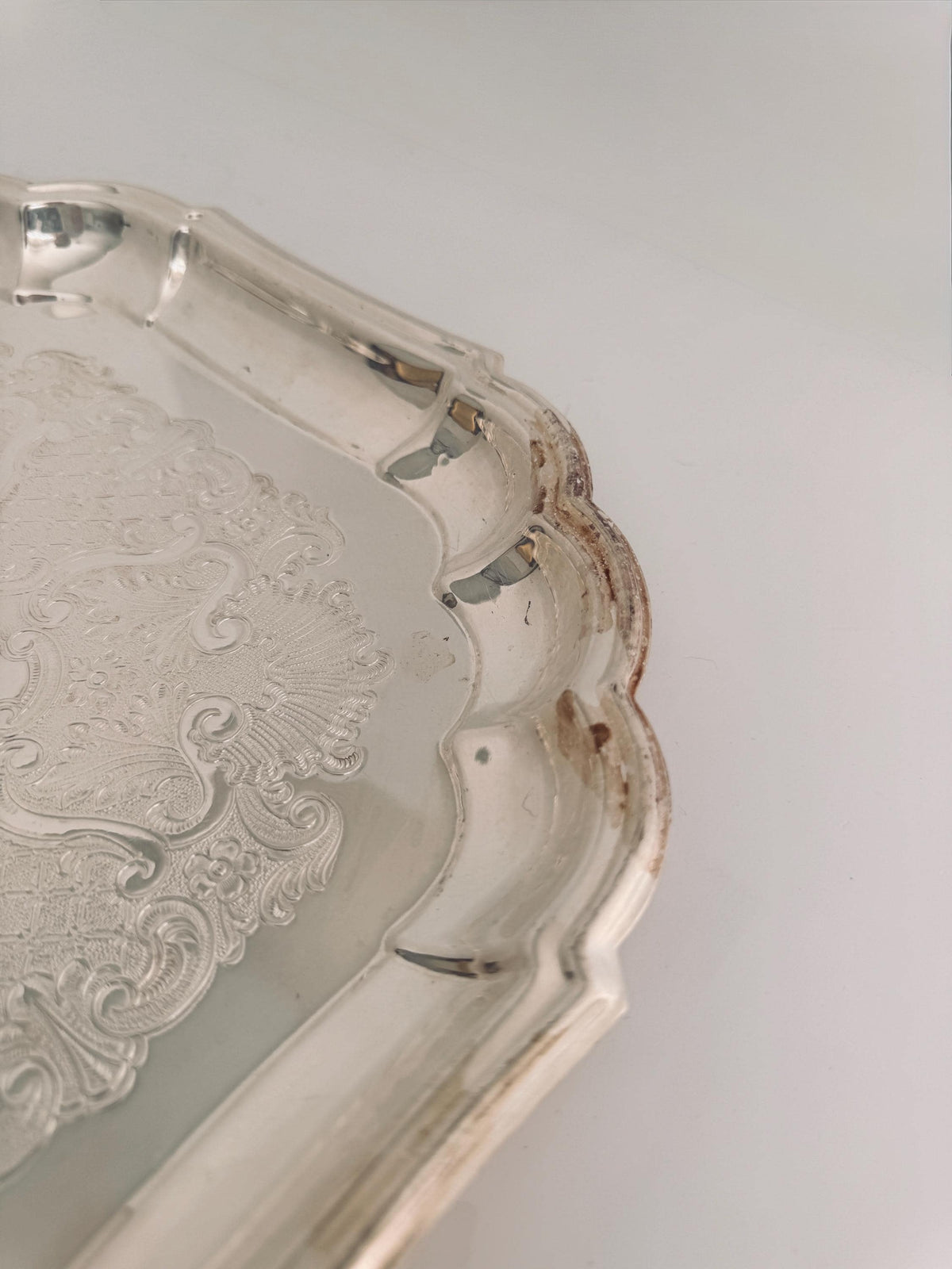 Vintage Silverplate Serving Tray, Square Scalloped Tray, Ornate Floral Silver Serving Platter, 11.5 Inch