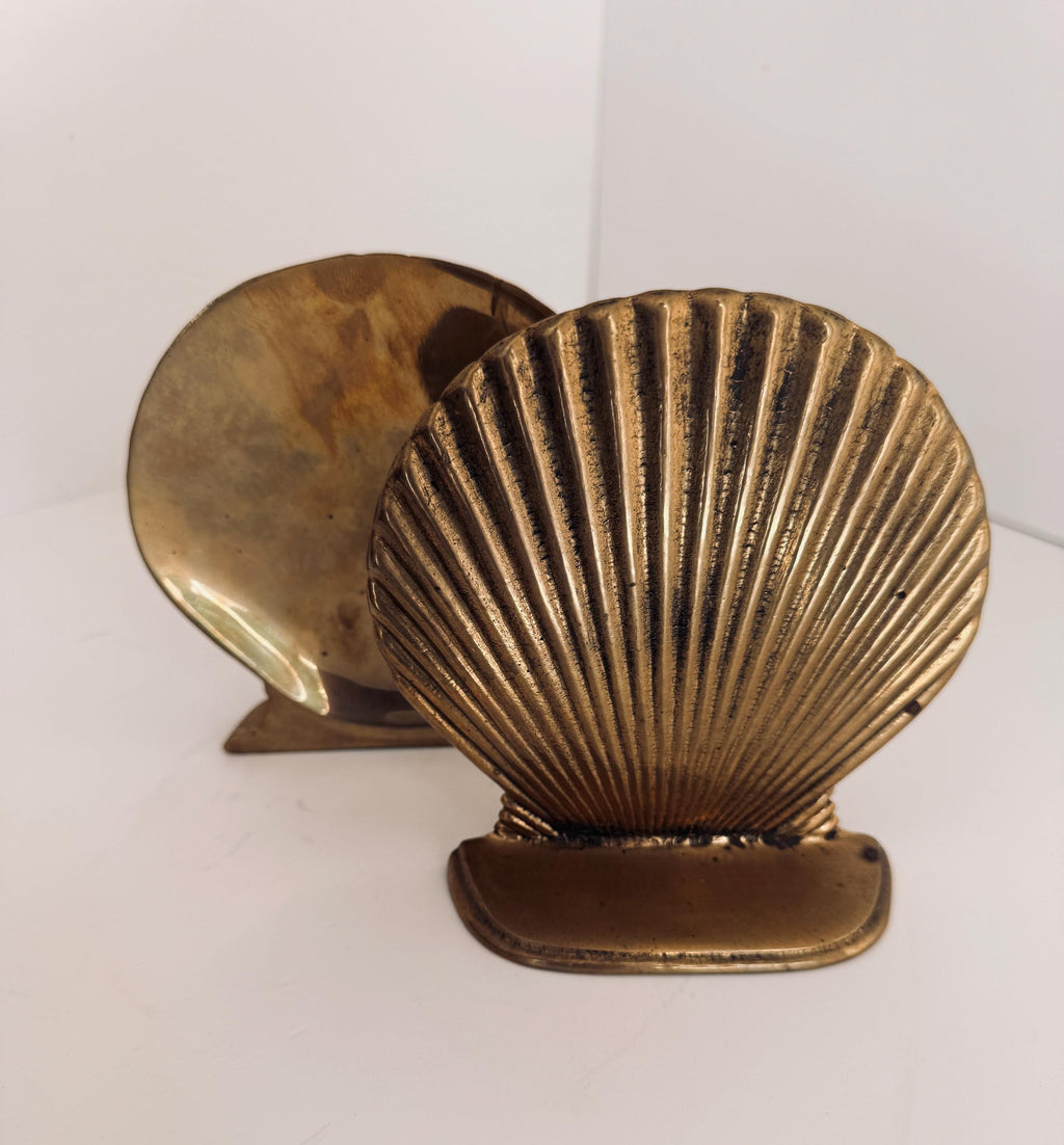 Vintage Brass Scallop Shell Bookends, Coastal Nautical Library Decor (Pair)