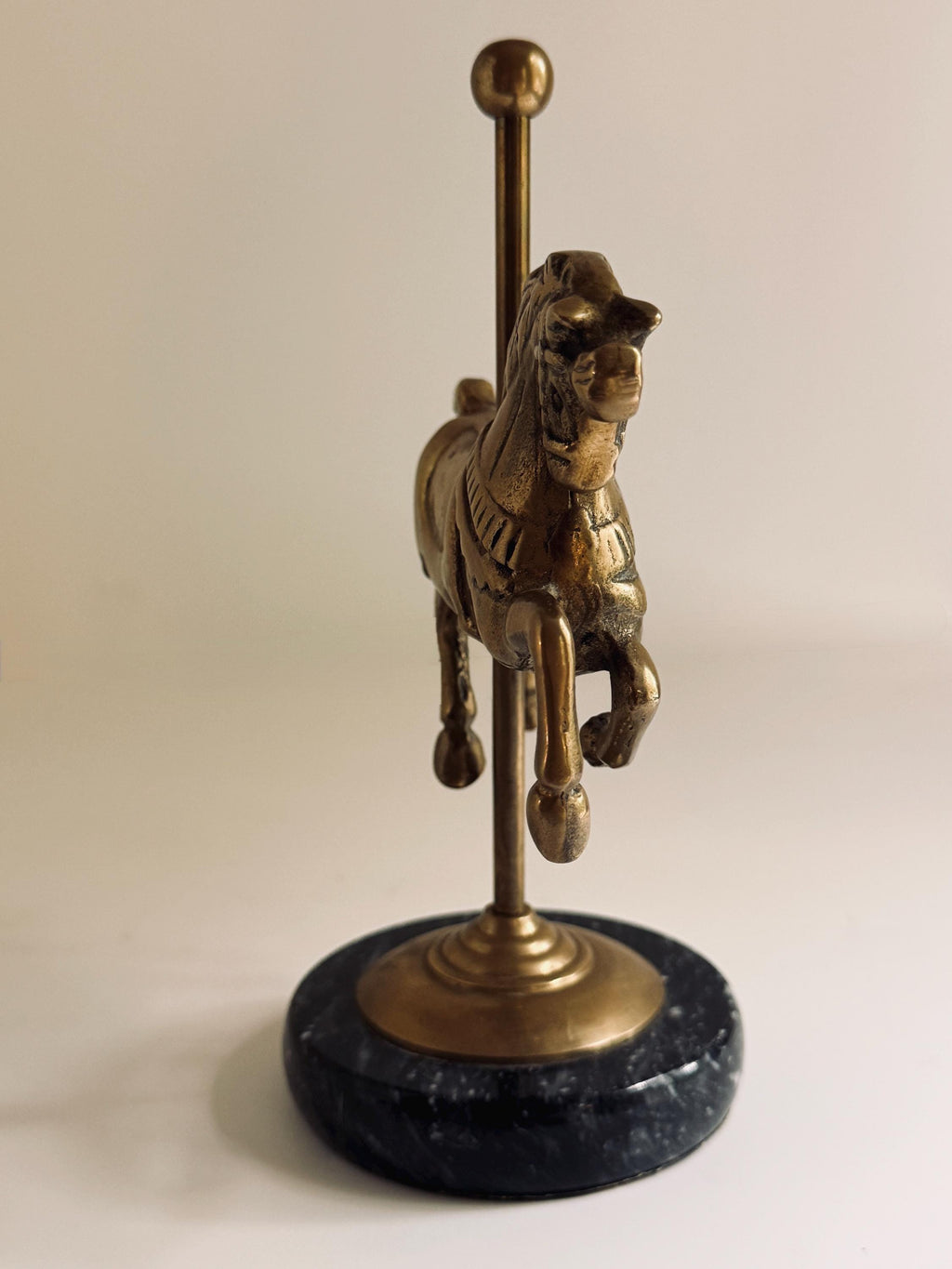 Vintage Solid Brass Carousel Horse on Marble Base, Equestrian Decor