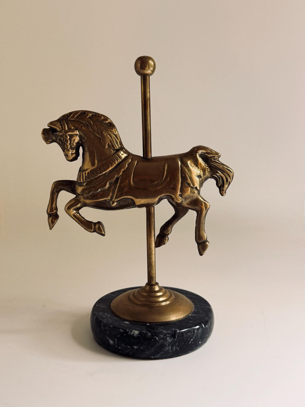 Vintage Solid Brass Carousel Horse on Marble Base, Equestrian Decor