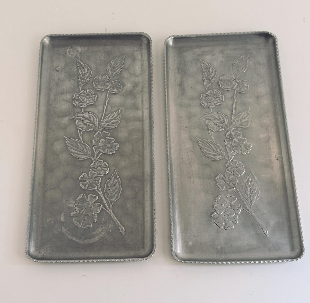 Vintage Embossed Floral Metal Tray, Silver Tone Vanity Catchall Dish