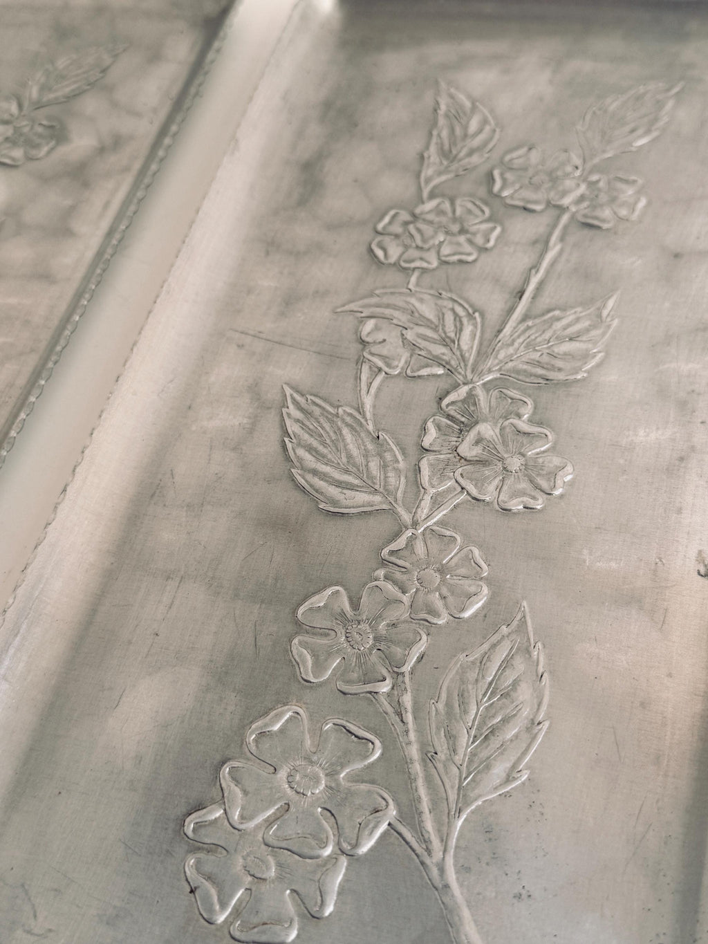 Vintage Embossed Floral Metal Tray, Silver Tone Vanity Catchall Dish