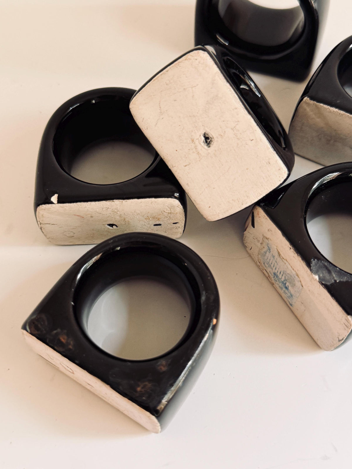 Vintage Black Ceramic Napkin Rings, Set of 6, Glossy Modernist Pottery Table Decor