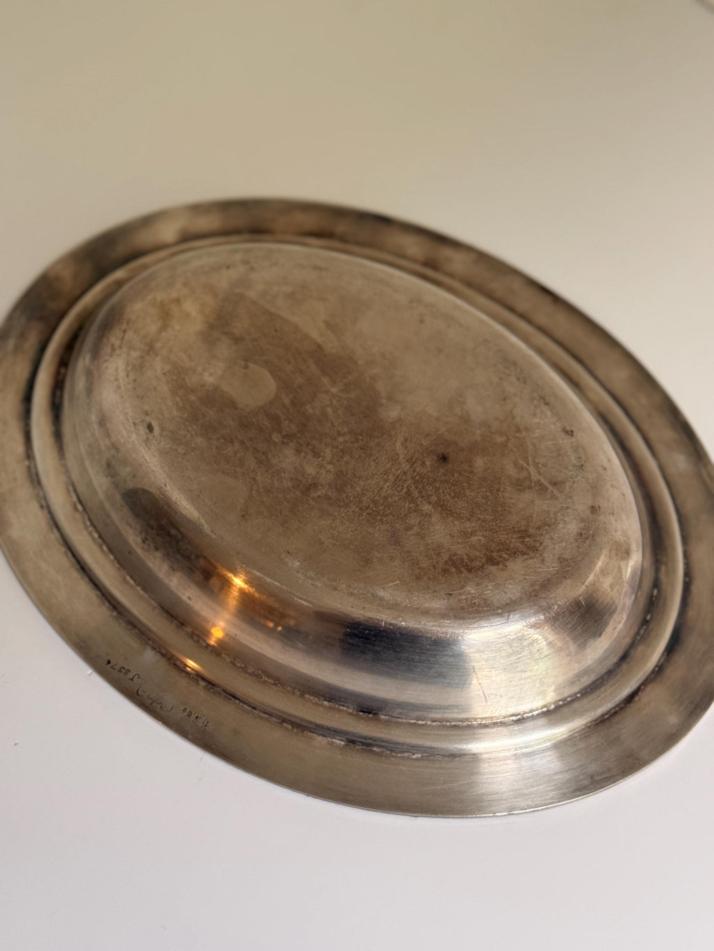 Vintage Silverplate Oval Serving Bowl, Floral Border Centerpiece Bowl, Aged Silver Tableware