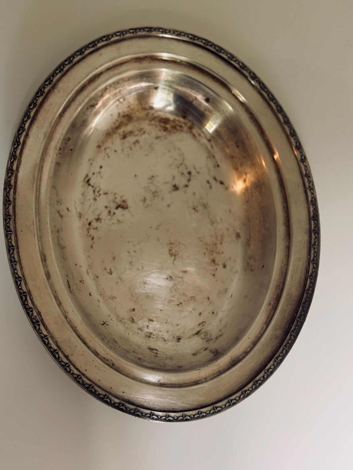 Vintage Silverplate Oval Serving Bowl, Floral Border Centerpiece Bowl, Aged Silver Tableware