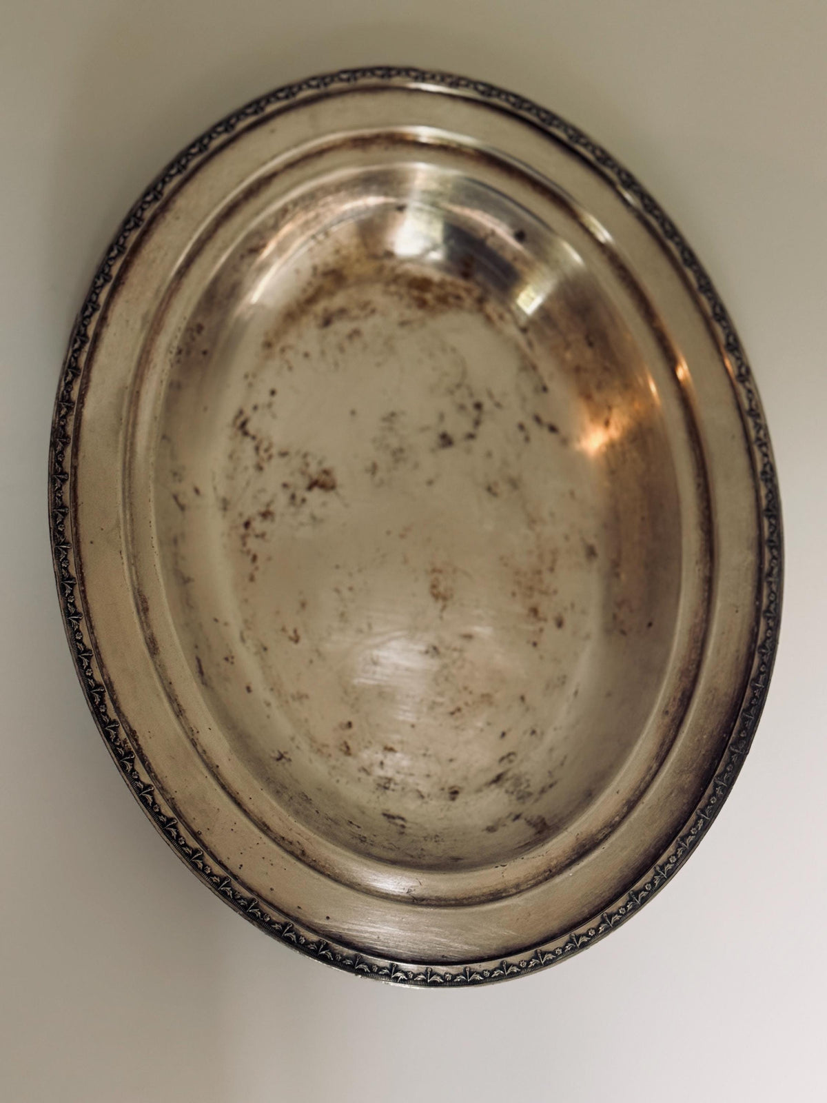 Vintage Silverplate Oval Serving Bowl, Floral Border Centerpiece Bowl, Aged Silver Tableware