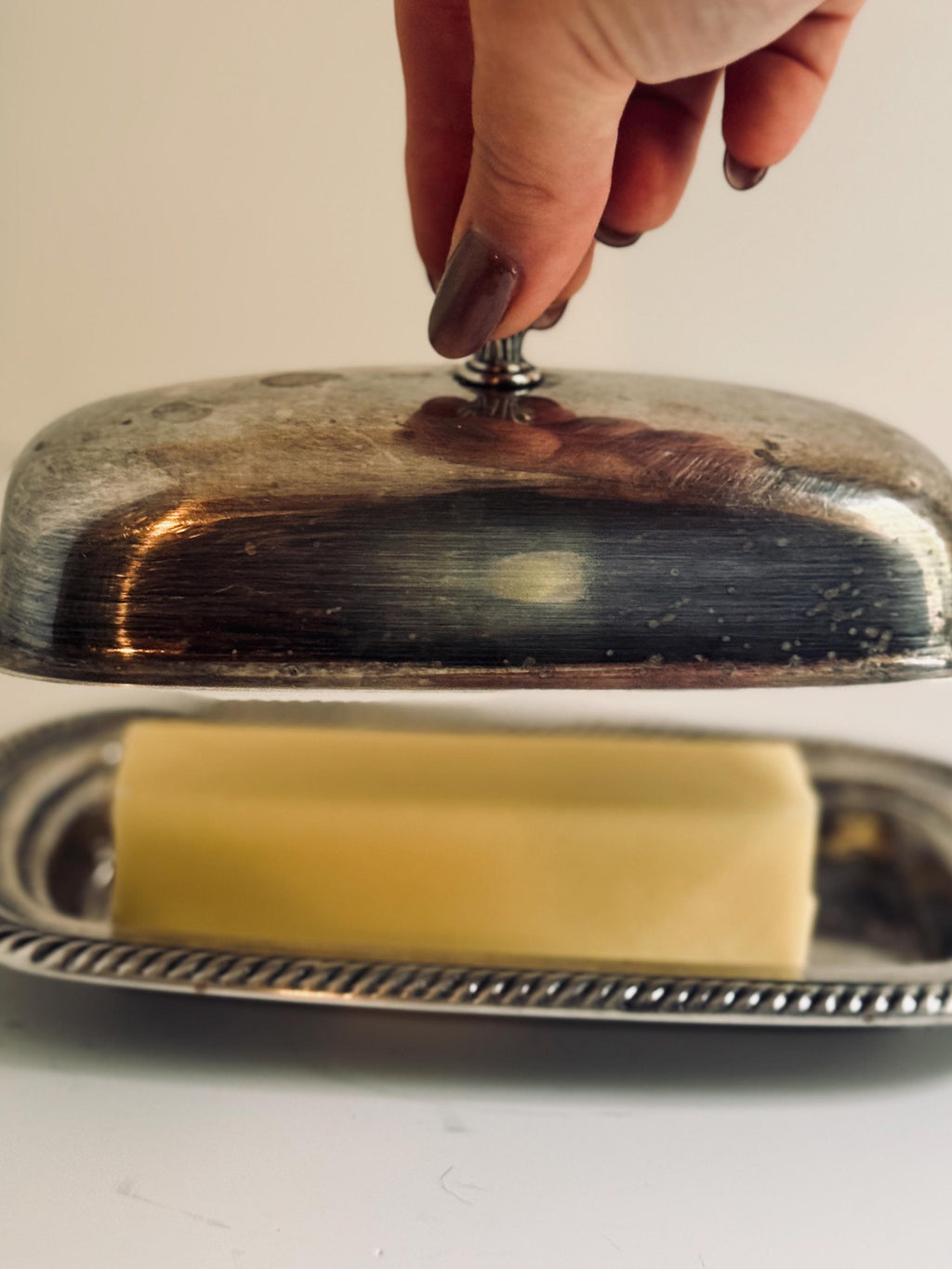 Vintage Silver Tone Covered Butter Dish, Rope Edge Butter Server, Lidded Tableware