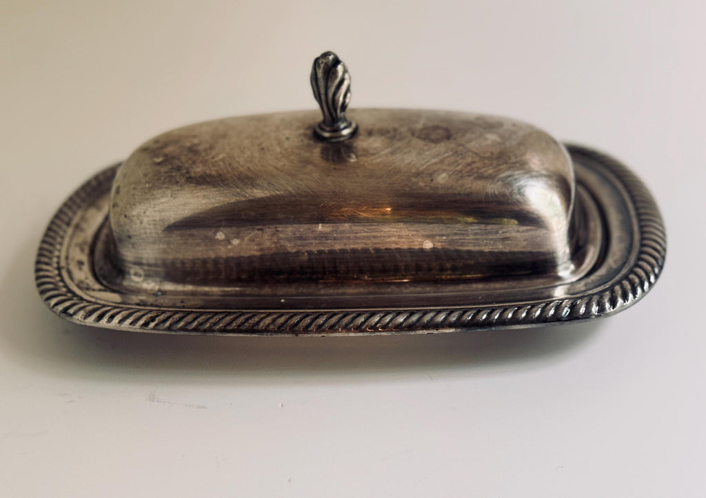 Vintage Silver Tone Covered Butter Dish, Rope Edge Butter Server, Lidded Tableware