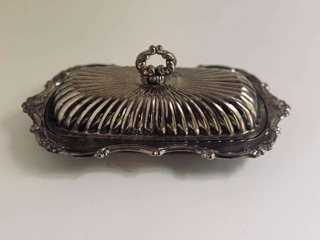 Vintage Silver Tone Covered Butter Dish, Glass Insert, Ornate Ribbed Dome Butter Server