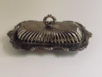 Vintage Silver Tone Covered Butter Dish, Glass Insert, Ornate Ribbed Dome Butter Server