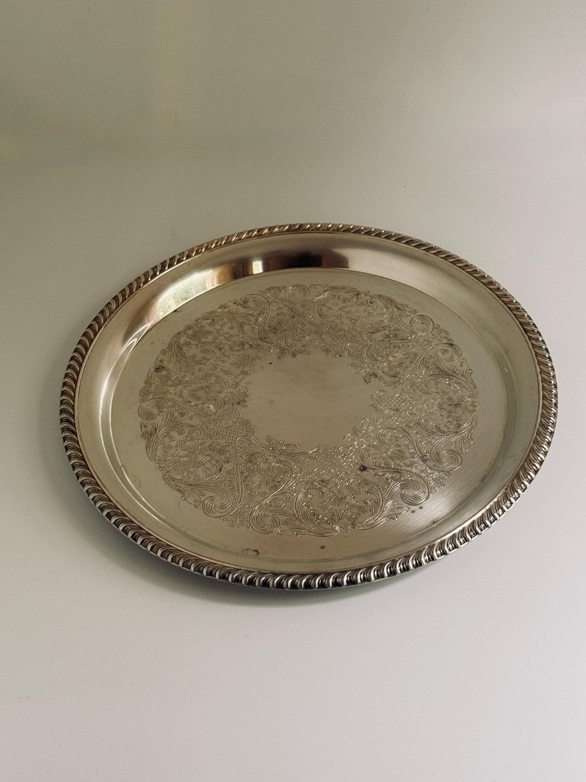 Vintage Silver Tone Embossed Floral Serving Tray, Rope Edge Bar Decor