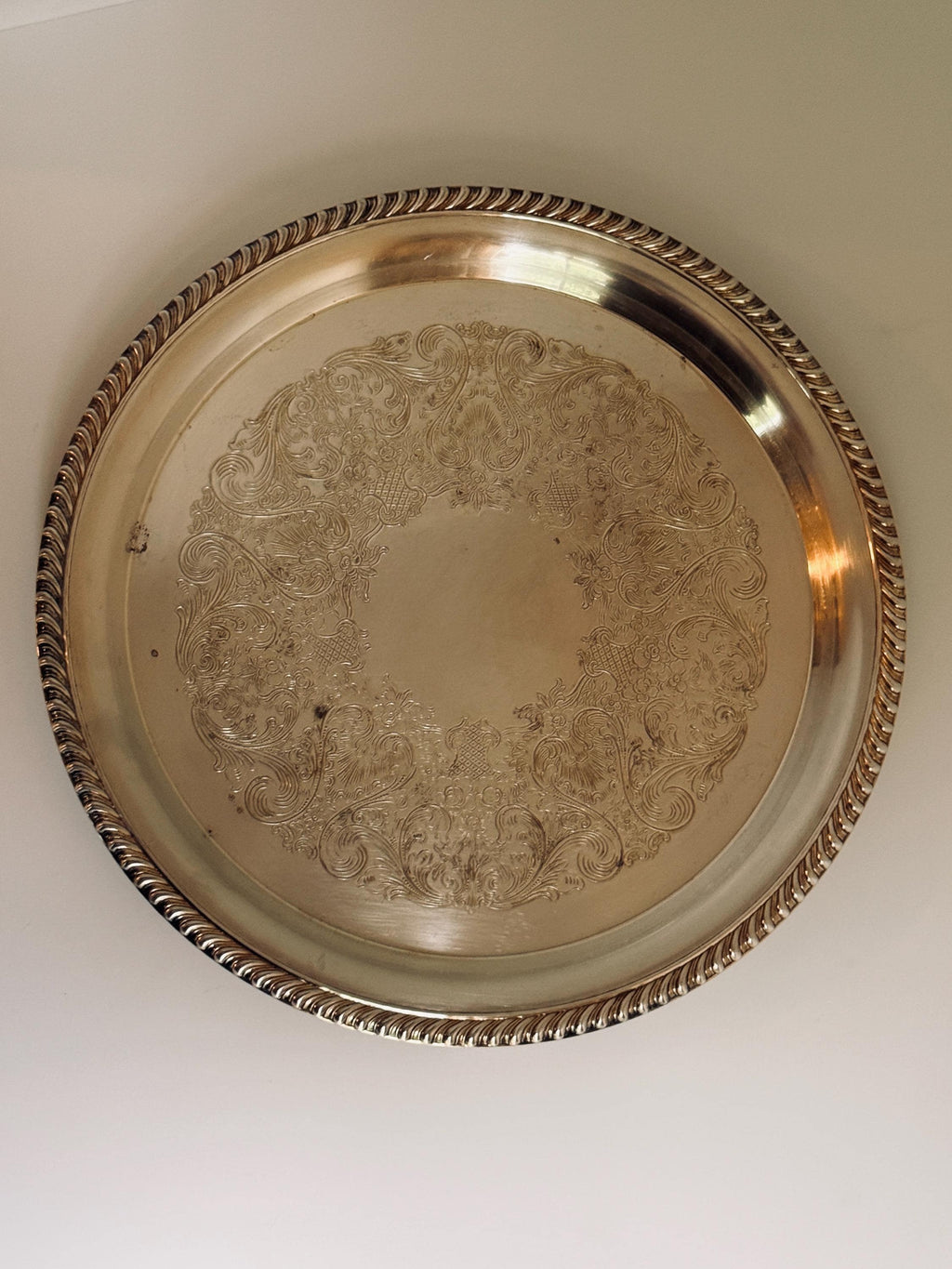 Vintage Silver Tone Embossed Floral Serving Tray, Rope Edge Bar Decor