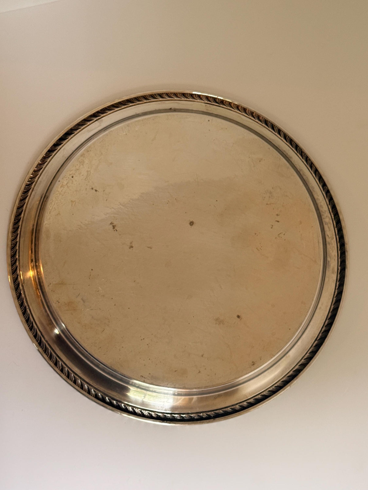 Vintage Silver Tone Embossed Floral Serving Tray, Rope Edge Bar Decor