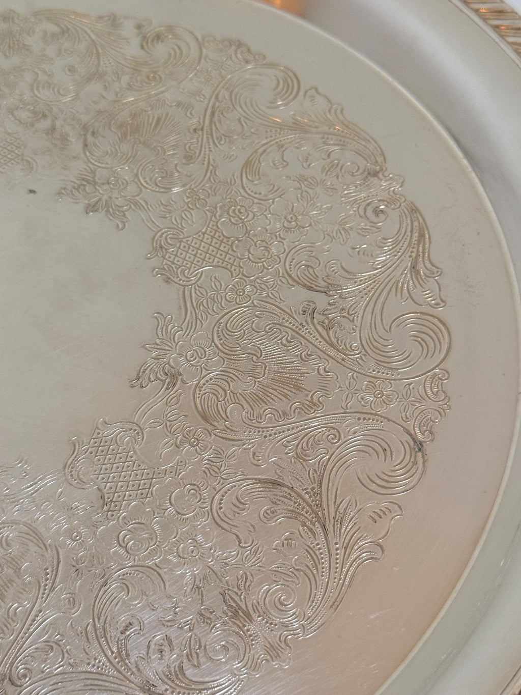 Vintage Silver Tone Embossed Floral Serving Tray, Rope Edge Bar Decor