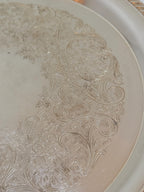 Vintage Silver Tone Embossed Floral Serving Tray, Rope Edge Bar Decor